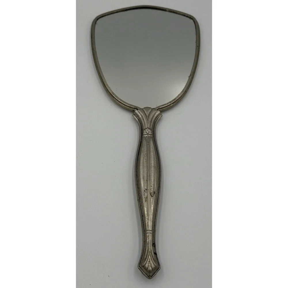 Vintage 1950s Vanity Hand Mirror Silver Plate Floral Decorative Inlay MCM Beauty